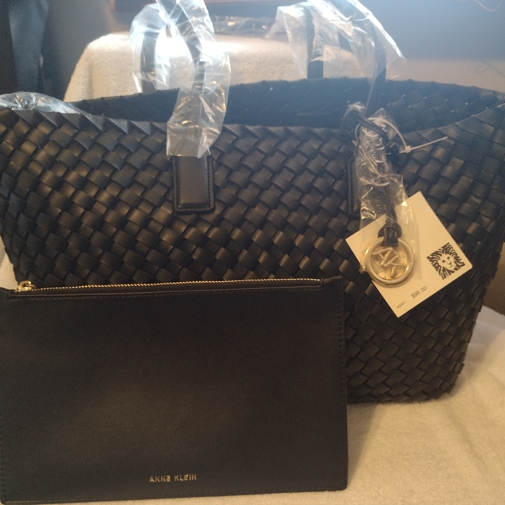 Anne Klein Black Smooth Woven Tote with Pouch